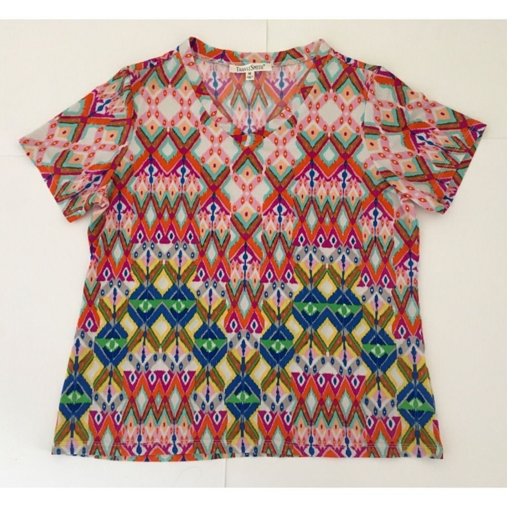 TRAVEL SMITH Sz M Brite Multicolor SW Aztec V-Nk Liquid Knit Pullover Top USA